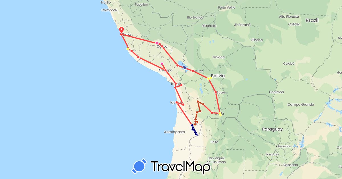 TravelMap itinerary: driving, plane, bus, marche, taxi, 4x4, bateau in Bolivia, Chile, Peru (South America)