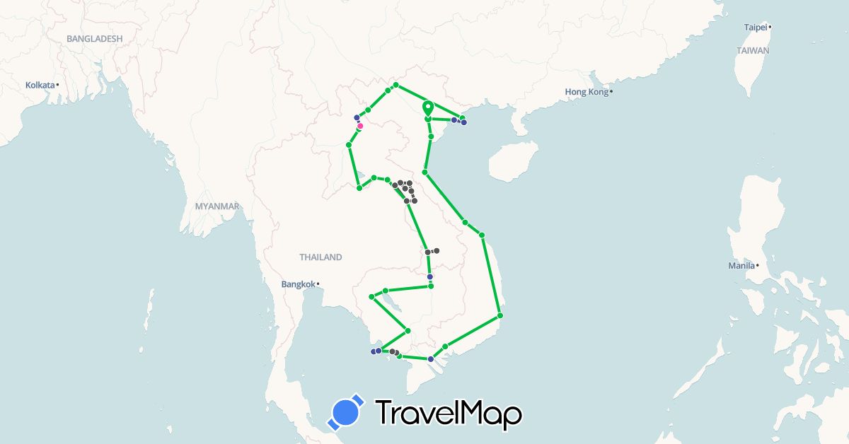 TravelMap itinerary: driving, bus, motorbike, marche, bateau in Cambodia, Laos, Vietnam (Asia)
